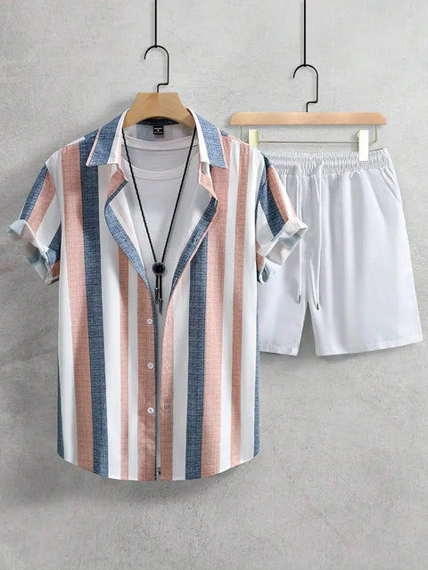 New Palm Leaf Print Men's Casual Shirt Hawaiian Men's Beach Shorts Summer Everyday Short-sleeved Shirt And Sports Shorts Set