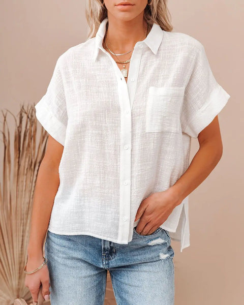 Elegant Women's Short Sleeve Blouse Cotton Fitting Pocket White Shirt for Summer 2024 Eye Catching