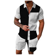 Contrast Color Men's Hawaii 3D Printed Polo Shirt and Shorts Set Casual Zip Up Top with Short Sleeves for Summer Fashion