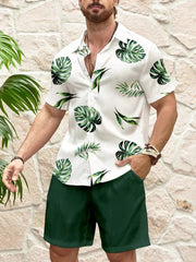 Casual Men's Short-Sleeved Shirt and Beach Shorts Set for Hawaiian Vacation Eye-Catching Design That Keeps Shorts Cool