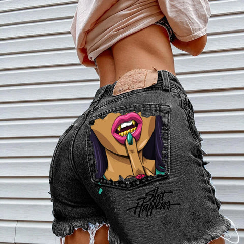 Denim Shorts for Women High Street Style with Red Lips Printed Jean Shorts Causal New Teeth Bite Bullet Pattern Summer Tassel Shorts