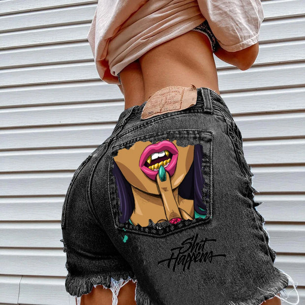 Denim Shorts for Women High Street Style with Red Lips Printed Jean Shorts Causal New Teeth Bite Bullet Pattern Summer Tassel Shorts