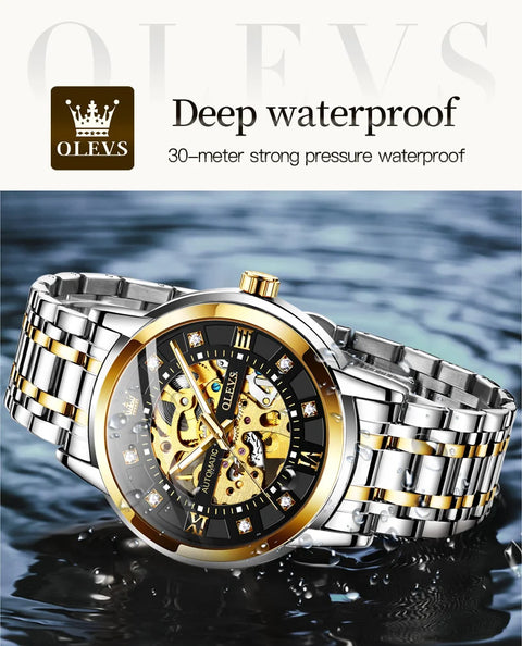 OLEVS Men's Luxury Sports Skeleton Luminous Automatic Watch Gold Steel Mechanical Wristwatch Waterproof Reloj Hombre