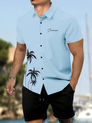 Casual Men's Short-Sleeved Shirt and Beach Shorts Set for Hawaiian Vacation Eye-Catching Design That Keeps Shorts Cool