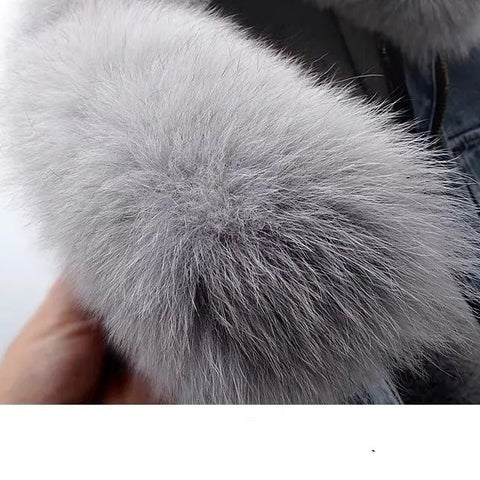 2024 Autumn Winter Women's Denim Jacket with Detachable Faux Fox Rabbit Fur Lining Short Top for Cold Weather Parker Outwear