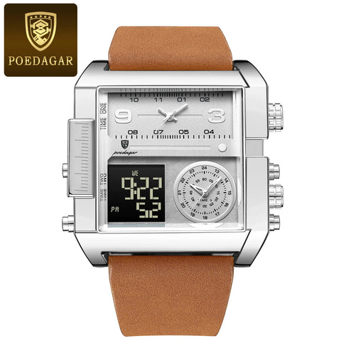 Luxury Men's Quartz Wristwatch Multifunctional Digital Watch with Rectangle Waterproof Luminous Hour and Day Week Display