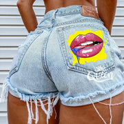 Denim Shorts for Women High Street Style with Red Lips Printed Jean Shorts Causal New Teeth Bite Bullet Pattern Summer Tassel Shorts