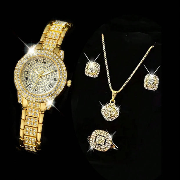 Luxury Women's Gold Quartz Watch Fashionable Diamond Wristwatch Set with Elegant Bracelet for Ladies