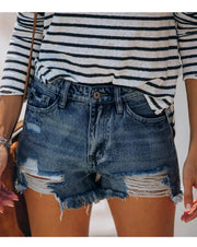 2025 Summer New Women's Ripped Denim Shorts Fashion High Elastic Tassel Straight Jeans Shorts Casual Sexy Ladies Shorts