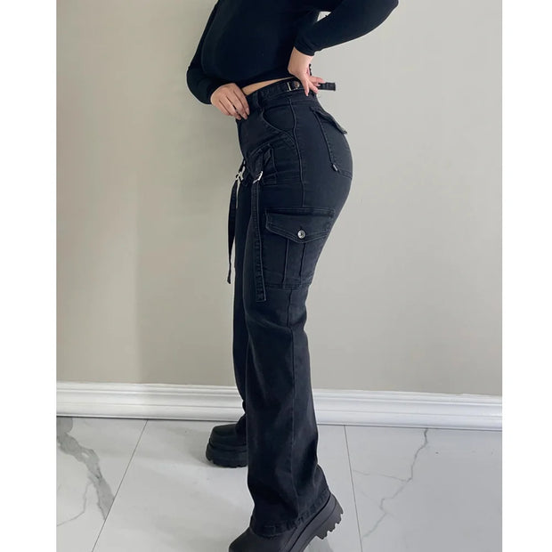 Women Straight Cargo Jeans Women's Streetwear Stretchy High Waisted Jeans Unique Multi-Pocket Female Trousers Pocket Design