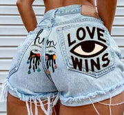 Eye Graffiti Pattern Women's Denim Shorts 2022 Summer High Waist Short Mujer Fashion Ripped Jean Shorts Streetwear Shorts w173