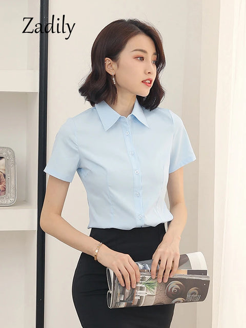 Summer Women's Office Lady Button Up White Slim Fit Basic Shirt Minimalist Short Sleeve Work Top for Women Clothing