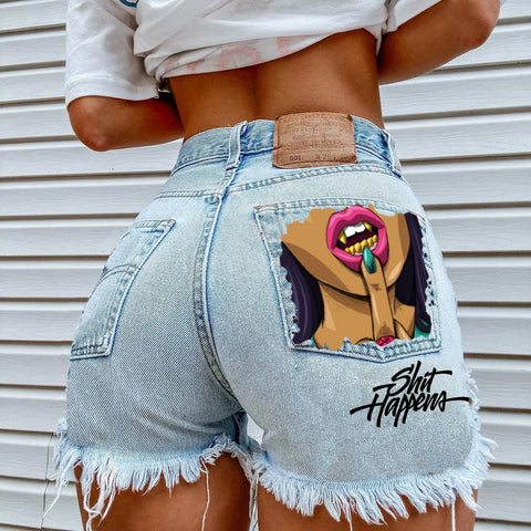 Denim Shorts for Women High Street Style with Red Lips Printed Jean Shorts Causal New Teeth Bite Bullet Pattern Summer Tassel Shorts