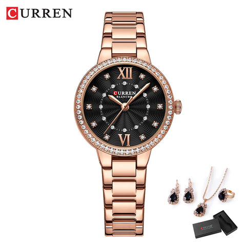 Luxury Stainless Steel Quartz Wristwatch for Women with Rhinestones Elegant Ladies Watch Gift Jewelry Set 5pcs