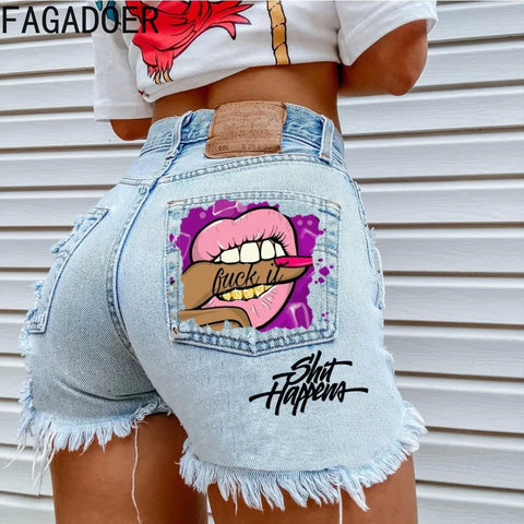 FAGADOER High Waisted Torn Denim Shorts for Women Casual Y2K Street Style with Eye Catching Printing Tassels