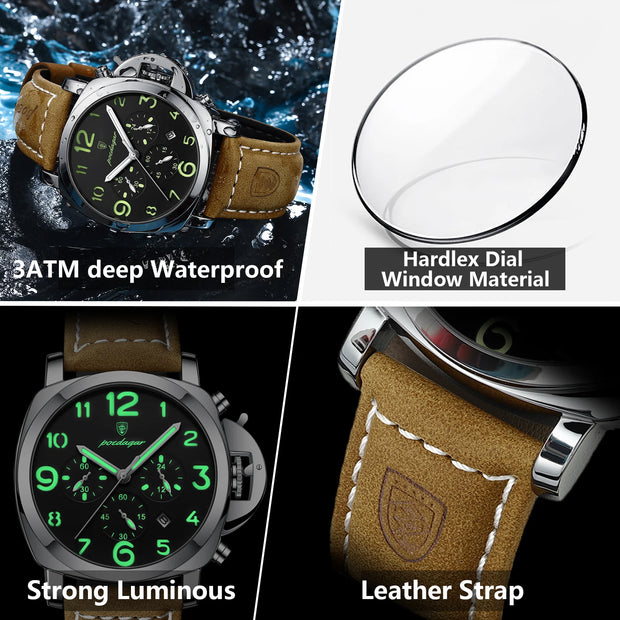 POEDAGAR Luxury Men's Quartz Watch Chronograph Waterproof Luminous Date Casual Leather Sports Military Wristwatch