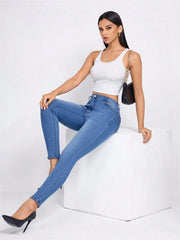 Benuynffy Stretch Mid Waisted Jeans for Women Fashionable Slim Fit Denim Trousers Sexy Streetwear Pencil Pants for Spring Summer