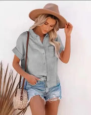 Elegant Women's Short Sleeve Blouse Cotton Fitting Pocket White Shirt for Summer 2024 Eye Catching