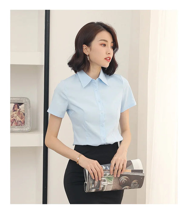 Summer Women's Office Lady Button Up White Slim Fit Basic Shirt Minimalist Short Sleeve Work Top for Women Clothing