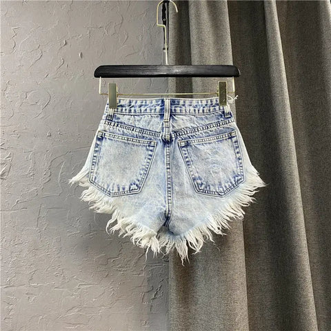 Single Breasted A-line Denim Wide Leg Shorts for Women's Summer High Waisted Fringed Fur Edge Washed Jeans Shorts