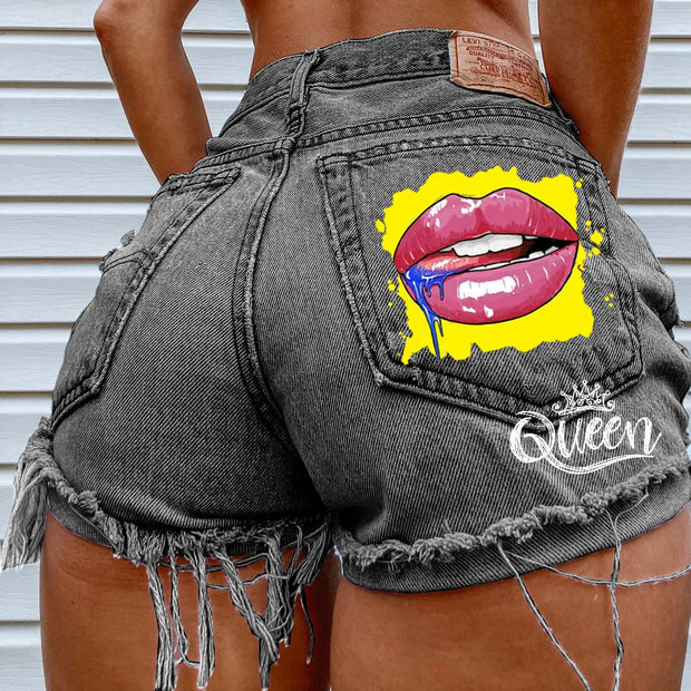 Denim Shorts for Women High Street Style with Red Lips Printed Jean Shorts Causal New Teeth Bite Bullet Pattern Summer Tassel Shorts