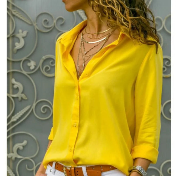 Elegant Women's Chiffon Blouse Solid Color V-Neck Long Sleeve Casual Shirt for Office Lady Tunics Oversized Tops