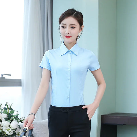 Fashion White Short Sleeve Women's Blouse Solid Tops for Autumn 2023 Ladies Work Shirt Eye Catching Basic Clothing