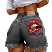 Denim Shorts for Women High Street Style with Red Lips Printed Jean Shorts Causal New Teeth Bite Bullet Pattern Summer Tassel Shorts