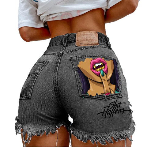 Denim Shorts for Women High Street Style with Red Lips Printed Jean Shorts Causal New Teeth Bite Bullet Pattern Summer Tassel Shorts