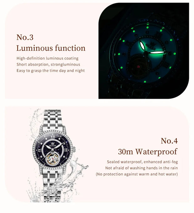 OLEVS 7036 Automatic Mechanical Wrist Watch for Women with Elegant Steel Strap Skeleton Starry Sky Diamond Bezel