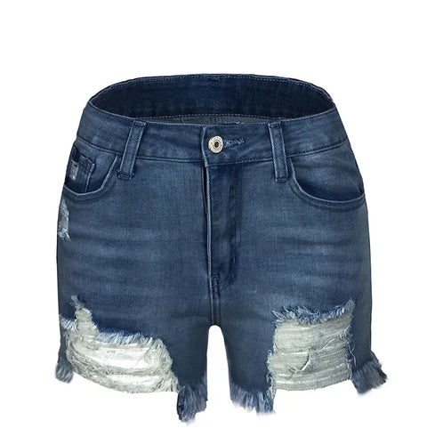 2025 Summer New Women's Ripped Denim Shorts Fashion High Elastic Tassel Straight Jeans Shorts Casual Sexy Ladies Shorts