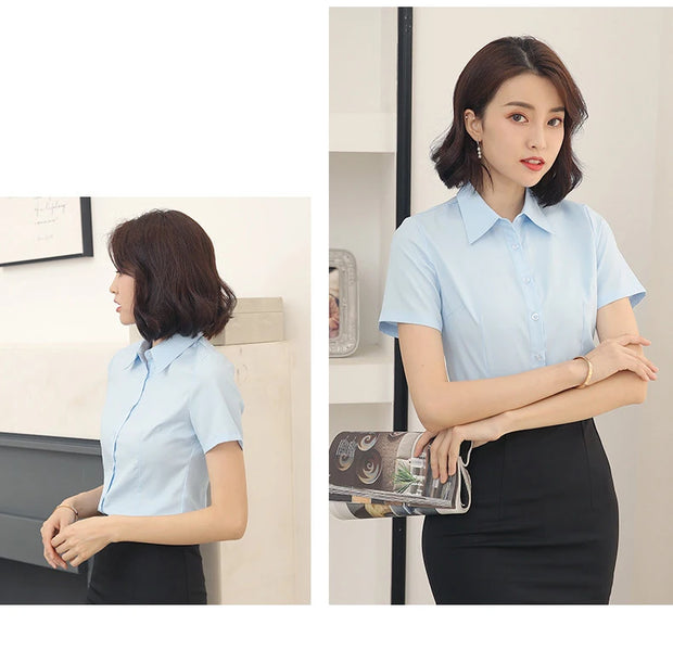 Summer Women's Office Lady Button Up White Slim Fit Basic Shirt Minimalist Short Sleeve Work Top for Women Clothing