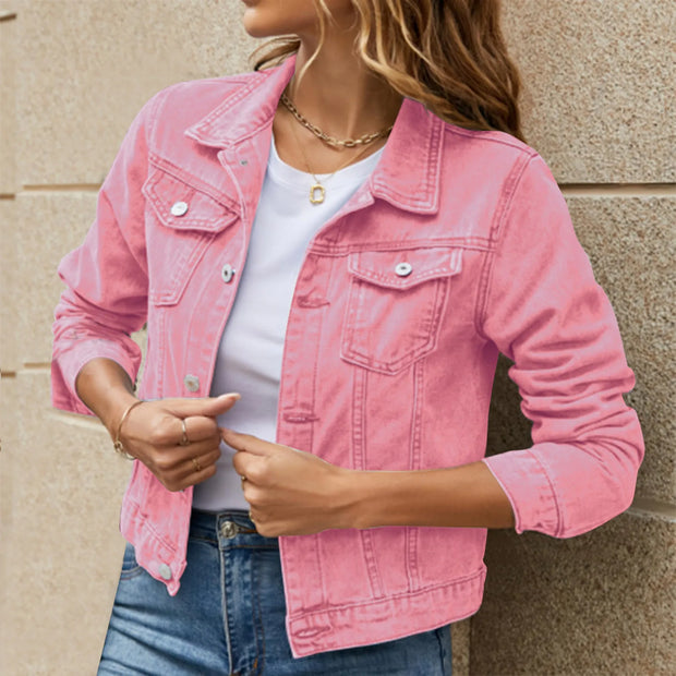 Women's Denim Jackets for Fashion Casual Long Sleeve Lapel Solid Single Button Chest Pocket Slim Fit Jean Coat for Fall Winter