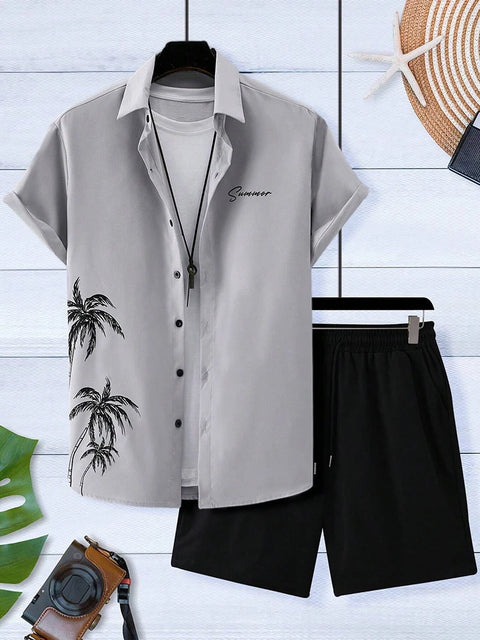 Casual Men's Short-Sleeved Shirt and Beach Shorts Set for Hawaiian Vacation Eye-Catching Design That Keeps Shorts Cool