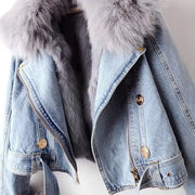 2024 Autumn Winter Women's Denim Jacket with Detachable Faux Fox Rabbit Fur Lining Short Top for Cold Weather Parker Outwear