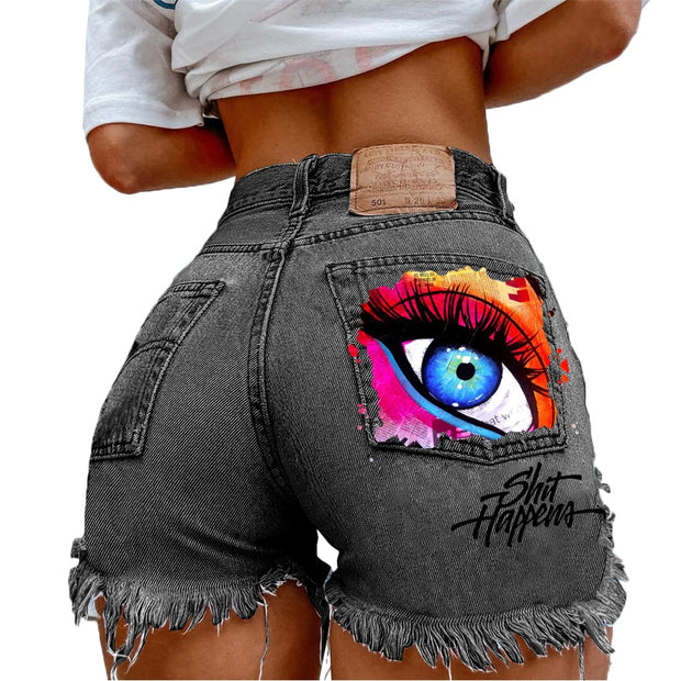 Denim Shorts for Women High Street Style with Red Lips Printed Jean Shorts Causal New Teeth Bite Bullet Pattern Summer Tassel Shorts