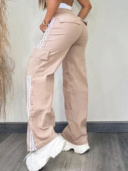 Streetwear High Waist Cargo Pants Women Striped Tape Patch Shirred Stretchy Trousers Solid Straight Big Pockets Y2K Sweatpants