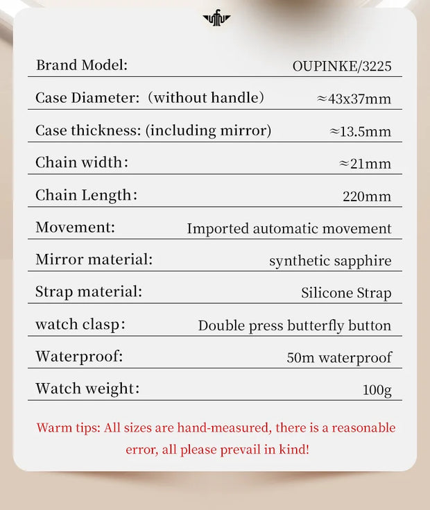 OUPINKE 3225 Luxury Business Mechanical Watch for Women Hollow Diamond Silicone Strap Waterproof Fashion Dress Clock