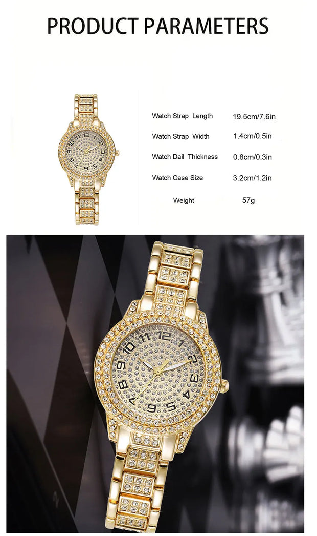 Luxury Women's Gold Quartz Watch Fashionable Diamond Wristwatch Set with Elegant Bracelet for Ladies