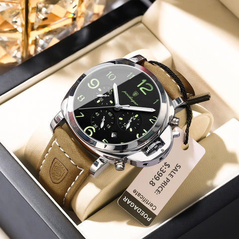 POEDAGAR Luxury Men's Quartz Watch Chronograph Waterproof Luminous Date Casual Leather Sports Military Wristwatch