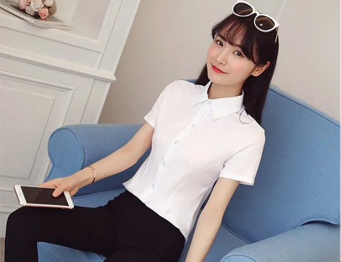 Fashion White Short Sleeve Women's Blouse Solid Tops for Autumn 2023 Ladies Work Shirt Eye Catching Basic Clothing