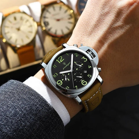 POEDAGAR Luxury Men's Quartz Watch Chronograph Waterproof Luminous Date Casual Leather Sports Military Wristwatch