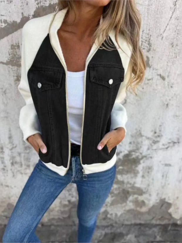 Autumn Winter Denim Patchwork Jacket for Women Casual Fashion V-Neck Long Sleeve Shoulder Rubbing Coat