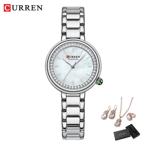 Luxury Stainless Steel Quartz Wristwatch for Women with Rhinestones Elegant Ladies Watch Gift Jewelry Set 5pcs