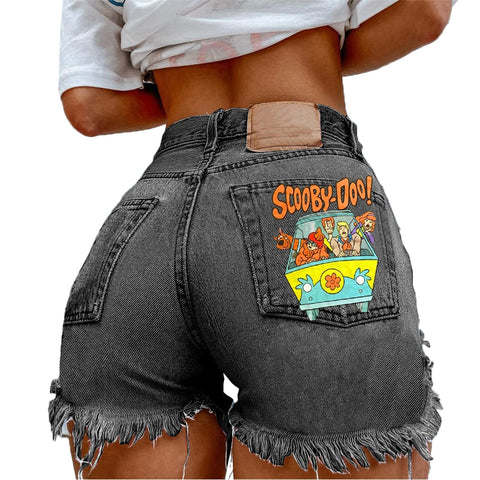 Denim Shorts for Women High Street Style with Red Lips Printed Jean Shorts Causal New Teeth Bite Bullet Pattern Summer Tassel Shorts