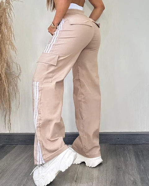 Streetwear High Waist Cargo Pants Women Striped Tape Patch Shirred Stretchy Trousers Solid Straight Big Pockets Y2K Sweatpants