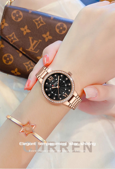 Luxury Stainless Steel Quartz Wristwatch for Women with Rhinestones Elegant Ladies Watch Gift Jewelry Set 5pcs