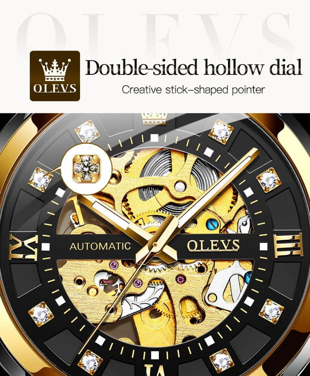 OLEVS Men's Luxury Sports Skeleton Luminous Automatic Watch Gold Steel Mechanical Wristwatch Waterproof Reloj Hombre