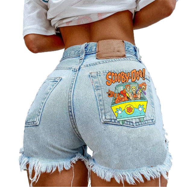 Denim Shorts for Women High Street Style with Red Lips Printed Jean Shorts Causal New Teeth Bite Bullet Pattern Summer Tassel Shorts