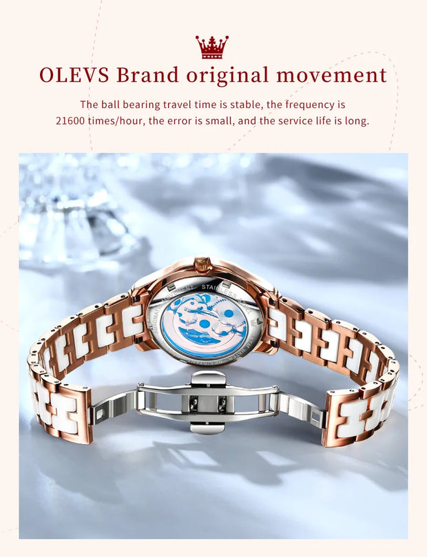 OLEVS Elegant Ladies Watch Butterfly Dial Design Waterproof Ceramic Strap Bracelet Set with Diamonds Ideal Gift